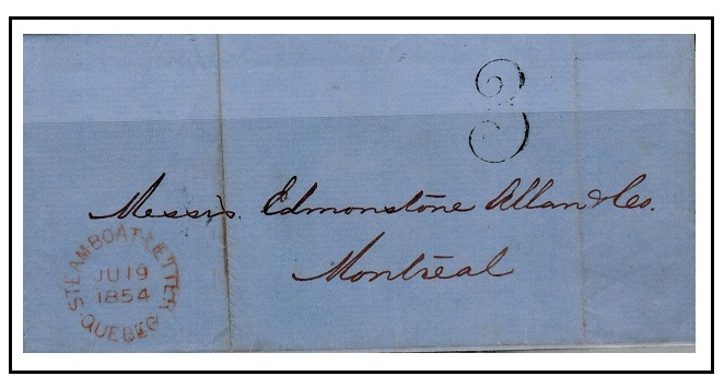 CANADA - 1854 stampless entire to Montreal struck STEAMBOAT LETTER/QUEBEC.