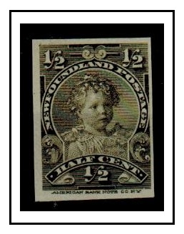 NEWFOUNDLAND - 1897 1/2c IMPERFORATE PLATE PROOF printed in olive.