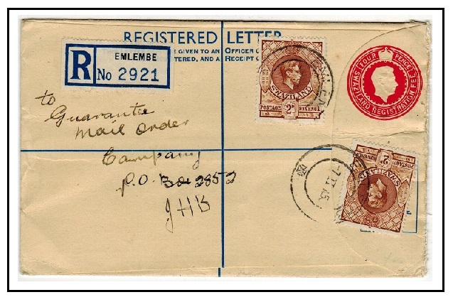 SWAZILAND - 1938 4d dark red RPSE uprated locally and used at EMLEMBE.  H&G 5.