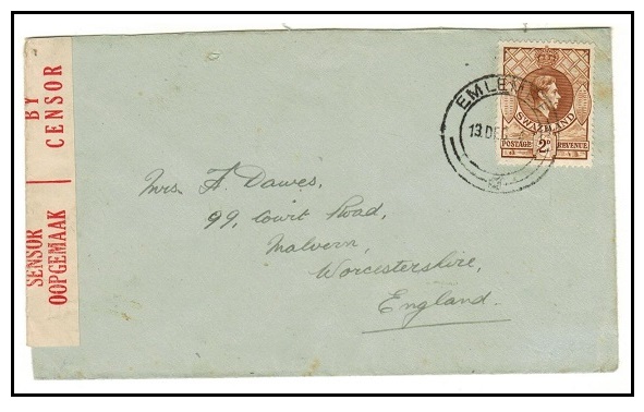 SWAZILAND - 1943 2d rate censored cover to UK used at EMLEMBE.