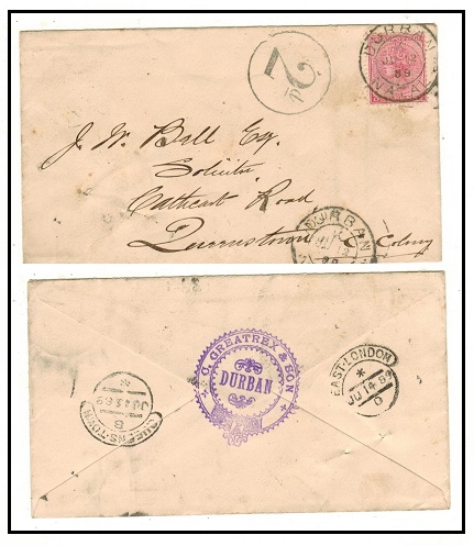 NATAL - 1889 1d under paid cover to Cape with circular 