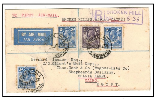 NORTHERN RHODESIA - 1932 registered first flight cover to Egypt.