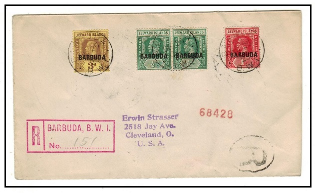 BARBUDA - 1923 5d rate registered cover to USA.