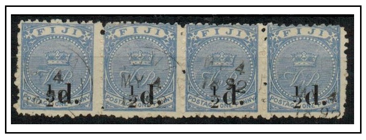 FIJI - 1892 1/2d on 1d dull blue used strip of four.  SG 72.