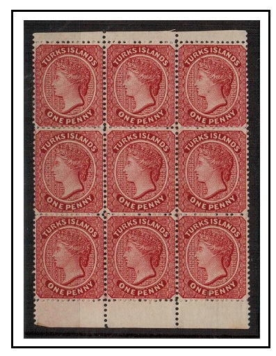 TURKS AND CAICOS ISLANDS - 1889 1d crimson-lake mint block of 9 with THROAT FLAW.  SG 62b.