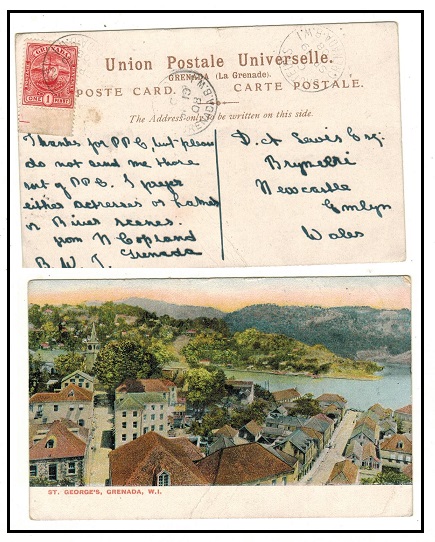 GRENADA - 1908 1d rate postcard use to UK used at SAUTEURS.