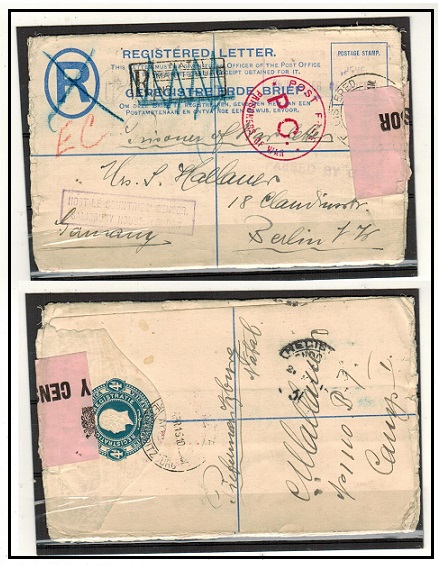 SOUTH AFRICA - 1915 use of 4d dark blue censored RPSE to Germany from POW struck HOSTILE COUNTRIES.