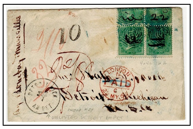 INDIA - 1866 cover to USA unfortunately with two stamps missing. 