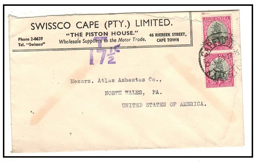 SOUTH AFRICA - 1950 underpaid cover to USA with violet 