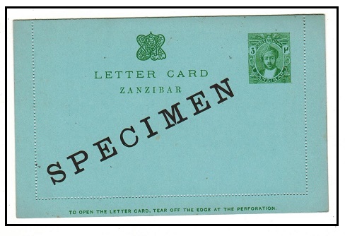 ZANZIBAR - 1918 3c green stationery letter card  unused diagonally handstamped SPECIMEN.  H&G 1.