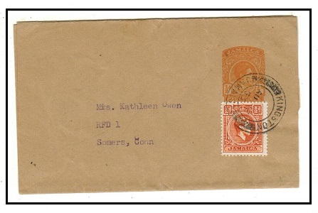 JAMAICA - 1938 1/2d orange postal stationery wrapper uprated to USA.  H&G 7.