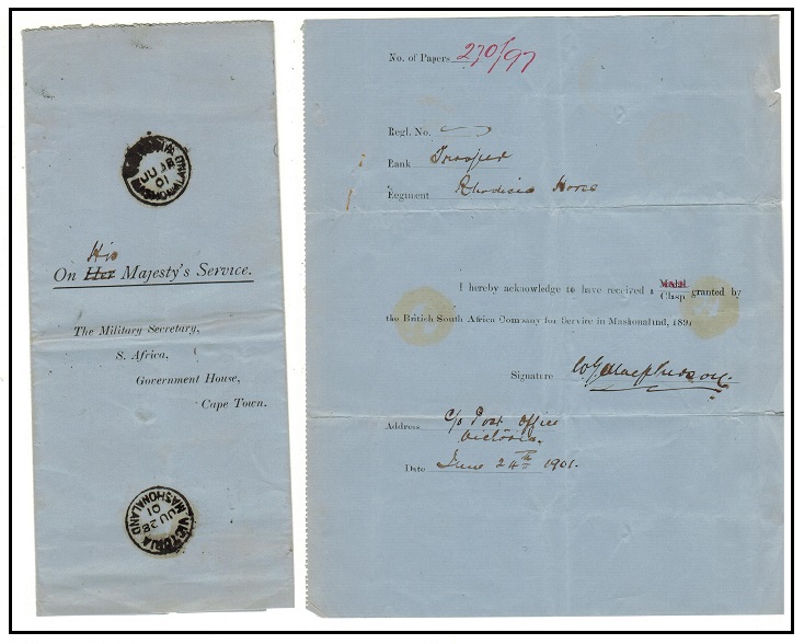 RHODESIA - 1901 OHMS folded letter used at VICTORIA/MASHONALAND.