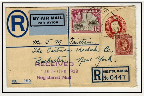 JAMAICA - 1938 2d+2d brown RPSE (size F) uprated to USA used at KINGSTON.  H&G 2.