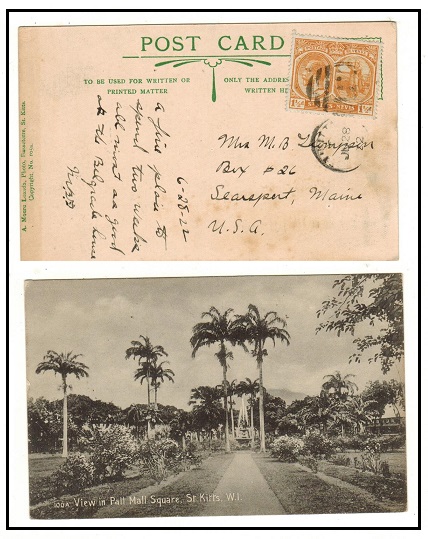 ST.KITTS - 1922 1/1d rate postcard use to USA.