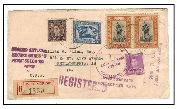 PAPUA - 1946 registered combination cover to USA with 1/2d McCracken printing use.