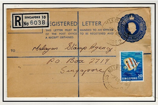 SINGAPORE - 1955 20c blue RPSE uprated locally and used at MAXWELL ROAD.  H&G 3.