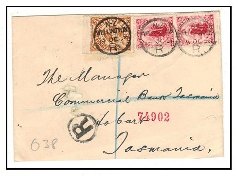 NEW ZEALAND - 1904 5d rate registered cover to Tasmania used at WELLINGTON/R.