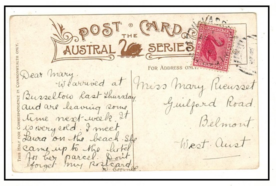 WESTERN AUSTRALIA - 1906 1d rate local postcard use used at VASSE.