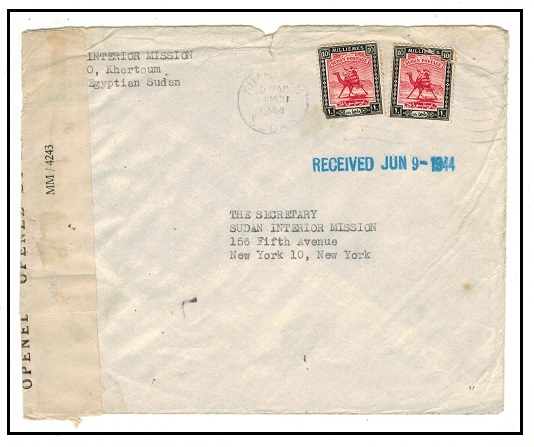 SUDAN - 1944 20m rate censor cover to USA used at KHARTOUM.