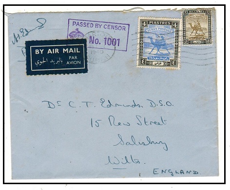 SUDAN - 1940 4p5m rate PASSED BY CENSOR cover to UK used at KHARTOUM.