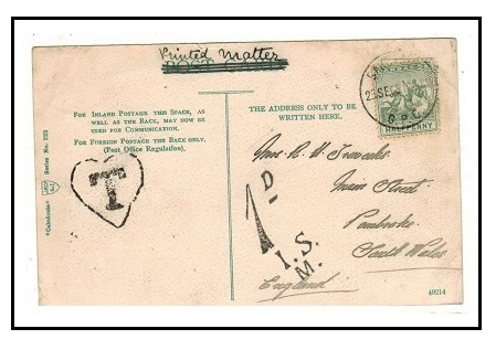 BARBADOS - 1912 1/2d rate underpaid postcard use to UK with heart shaped 