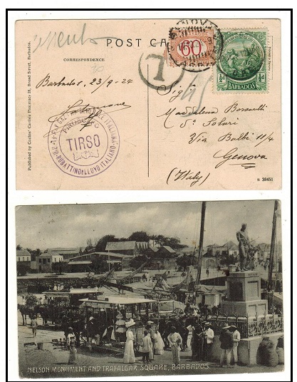 BARBADOS - 1924 1/2d rate underpaid maritime use postcard to Italy with postage due applied.