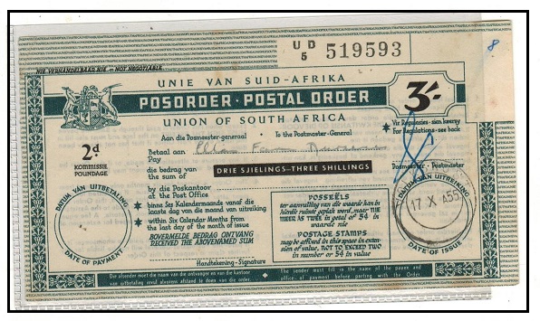 SOUTH AFRICA - 1955 use of 3/- POSTAL ORDER issued at VOLKSPOST.