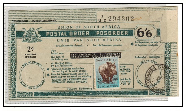 SOUTH AFRICA - 1957 use of 6/6d POSTAL ORDER issued at ORANGE GROVE.