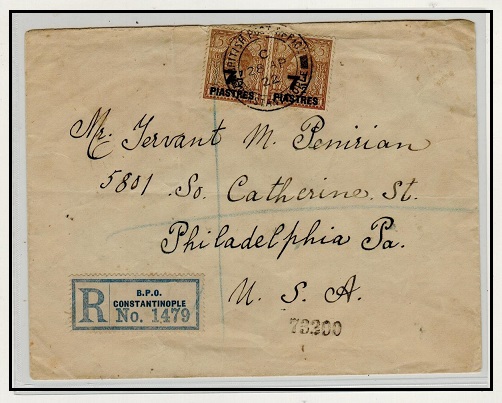BRITISH LEVANT - 1922 registered cover to USA used at CONSTANTINOPLE.