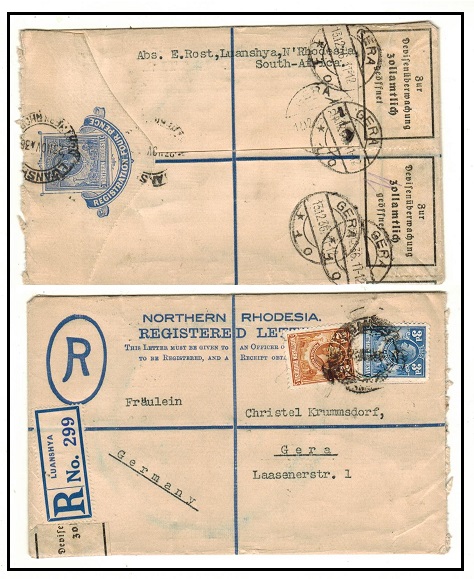NORTHERN RHODESIA - 1924 4d ultramarine uprated RPSE to Germany used at LUANSHYA. H&G 1.