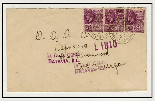 BRITISH GUIANA - 1927 6c rate cover to USA used at T.P.O.MAZARUNI.