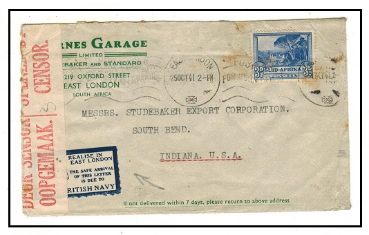 SOUTH AFRICA - 1941 3d rate censored cover to USA with EAST LONDON patriotic label applied.