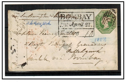 INDIA - 1853 inward 1/- embossed cover from UK with BOMBAY/BEARING strike applied.