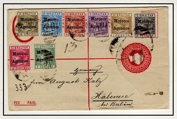 MOROCCO AGENCIES - 1898 20c scarlet RPSE to Germany with short QV set to 2p used at SAFFI. H&G 4b.