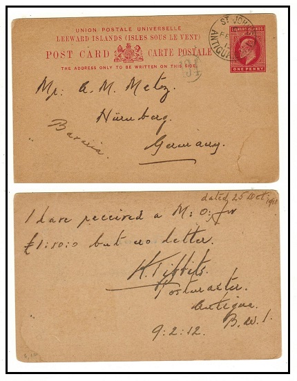 ANTIGUA - 1912 use of 1d carmine PSC of Leeward Islands to Germany used at ST.JOHNS. H&G 6.