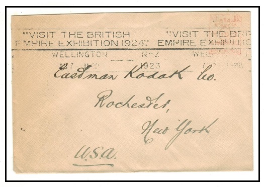NEW ZEALAND - 1923 stampless meter mark cover to USA cancelled EMPIRE EXHIBITION/WELLINGTON.