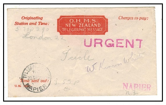 NEW ZEALAND - 1922 use of OHMS/NEW ZEALAND/TELEGRAPHIC MESSAGE envelope to Napier.