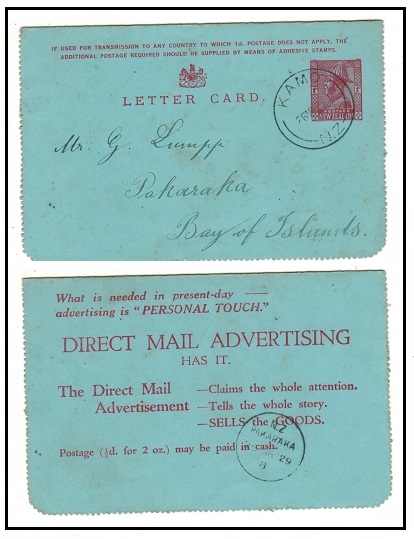 NEW ZEALAND - 1927 1d carmine postal stationery letter card used at KAMO.  H&G 23.