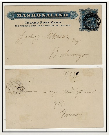 RHODESIA - 1893 1d blue PSC of Mashonaland used at BULAWAYO/MATEBELELAND.  H&G 5.