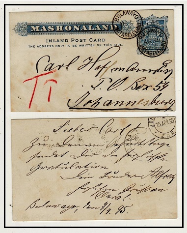 RHODESIA - 1893 1d blue PSC of Mashonaland used at BULAWAYO/MATABELELAND.  H&G 5.
