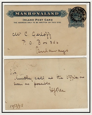 RHODESIA - 1893 1d blue PSC of Mashonaland used at BULAWAYO/RHODESIA.  H&G 5.