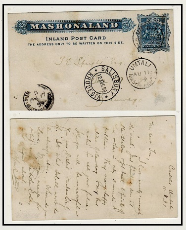 RHODESIA - 1893 1d blue PSC of Mashonaland used at UMTALI/MASHONALAND. H&G 5.