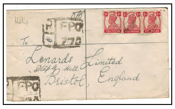 BURMA - 1945 3a registered rate cover to UK cancelled by FPO/770 cds.