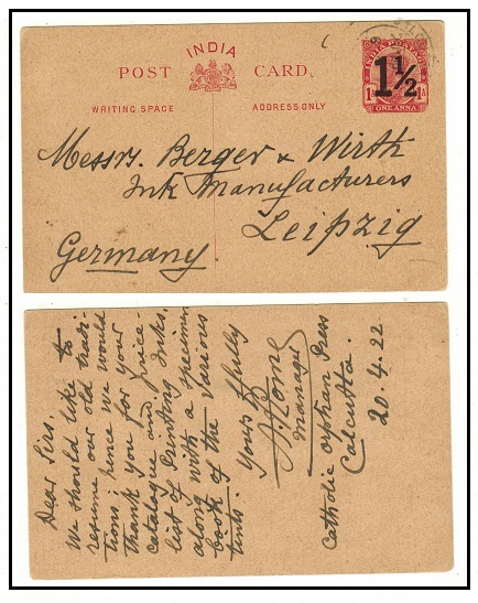 INDIA - 1921 1 1/2a black on 1a carmine PSC to Germany used at CALCUTTA.  H&G 26.