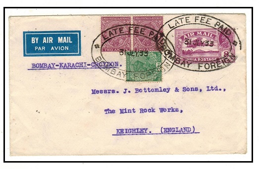 INDIA - 1929 8a red-violet PSE uprated to UK struck LATE FEE PAID/BOMBAY.  H&G 1.