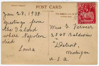 ST.HELENA - 1938 Postcard to USA with rare 1 1/2d deep carmine red shade (SG 99e) usage.