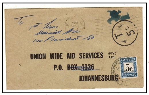SOUTH AFRICA - 1962 stampless cover from CARLTONVILLE with 5c 