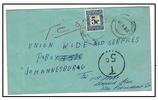 SOUTH AFRICA - 1962 stampless cover from MAGERSFONTEIN with 5c 