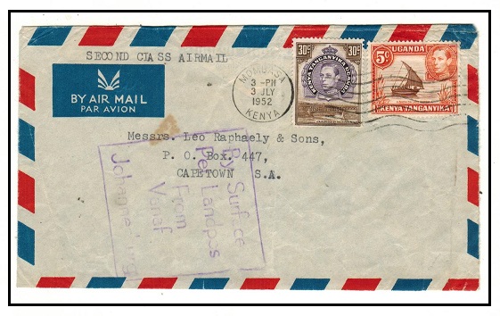 SOUTH AFRICA - 1952 inward cover from Kenya struck BY SURFACE/FROM/JOHANNESBURG instructional h/s.