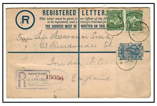 NEW ZEALAND - 1905 3d dark blue uprated RPSE to UK used at CAMBRIDGE.  H&G 3.